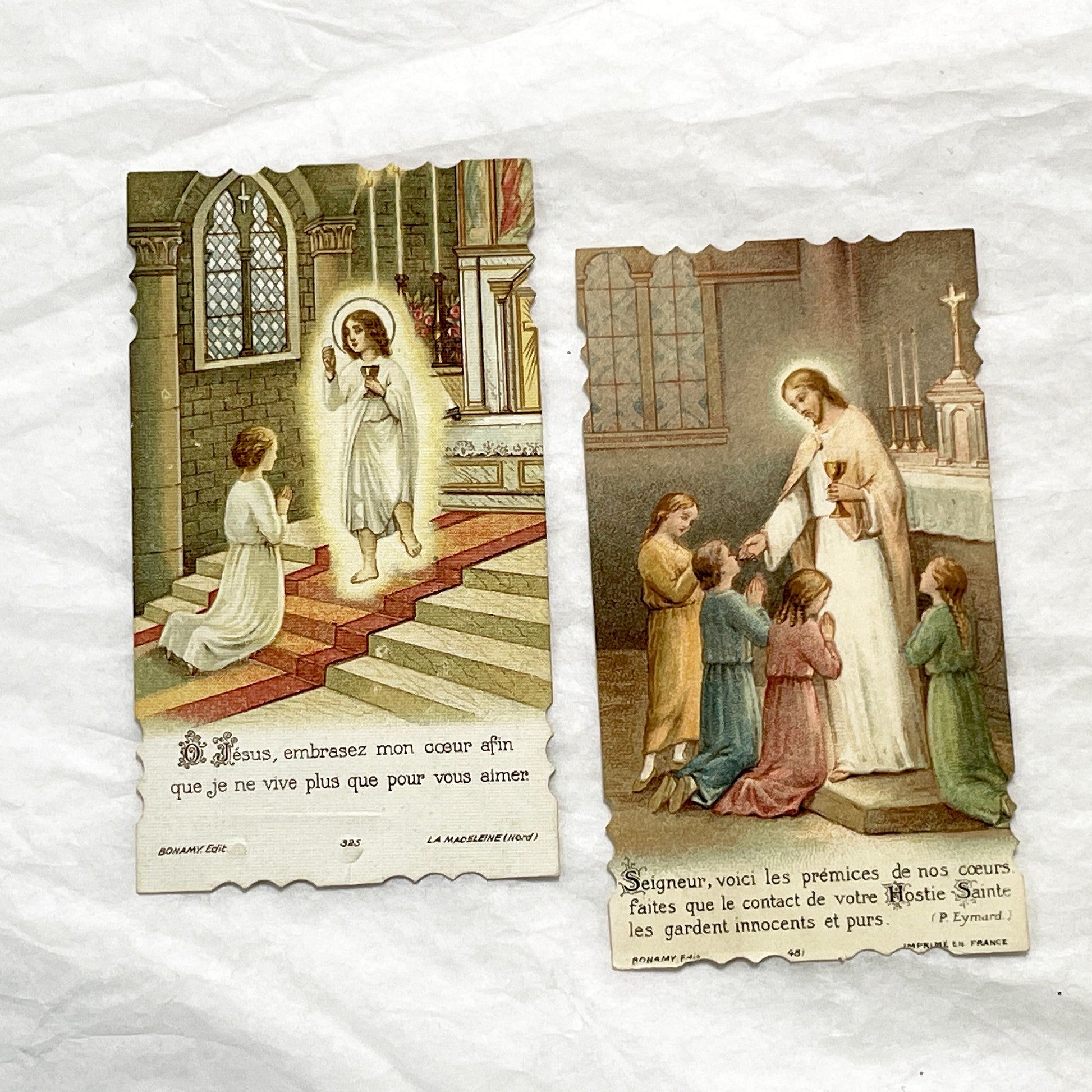 1910s - 2 Vintage French Religious Prayer Cards - Set of Two Devotional Holy Communion Chromolithographs - Early 20th Century Sacred Art