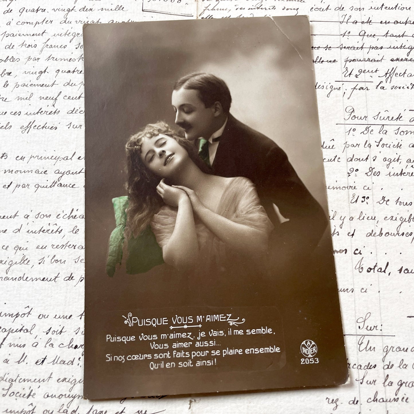 1900s - Vintage Romantic Sepia Postcard - Couple Kissing Tenderly - French Art Nouveau Sentiment - Love & Affection Theme - Collectible Era