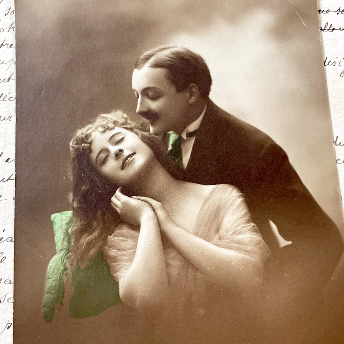 1900s - Vintage Romantic Sepia Postcard - Couple Kissing Tenderly - French Art Nouveau Sentiment - Love & Affection Theme - Collectible Era
