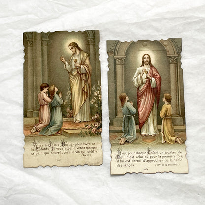 1900s - Antique French Religious Cards - First Communion - Jesus Christ and Children Kneeling - Devotional Sacrament Art Prints