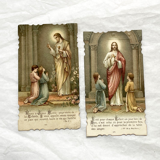 1900s - Antique French Religious Cards - First Communion - Jesus Christ and Children Kneeling - Devotional Sacrament Art Prints