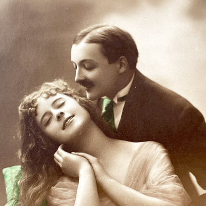 1900s - Vintage Romantic Sepia Postcard - Couple Kissing Tenderly - French Art Nouveau Sentiment - Love & Affection Theme - Collectible Era