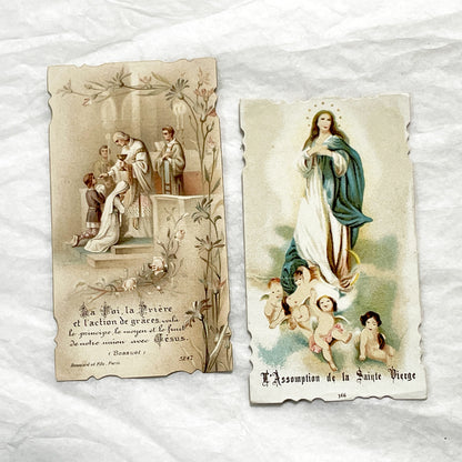 1900s - 2 Antique French Religious Cards - First Communion Souvenir - Virgin Mary Assumption - Sacred Art Ephemera for Collectors