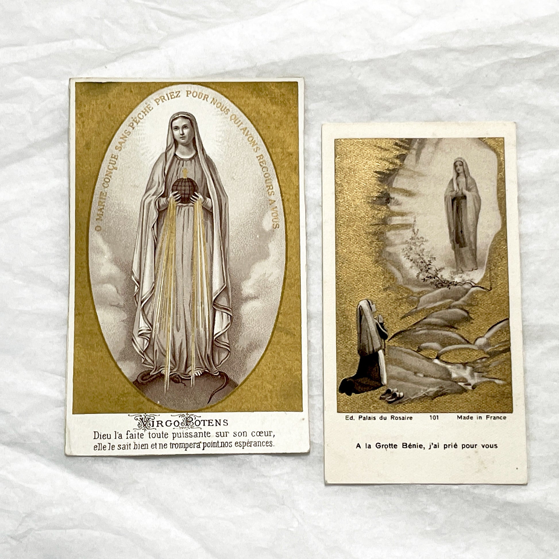 Late 19th - 2 Vintage French Religious Holy Cards - Our Lady of Grace and Lourdes - Catholic Prayer Memorabilia - Collectible Devotional Art