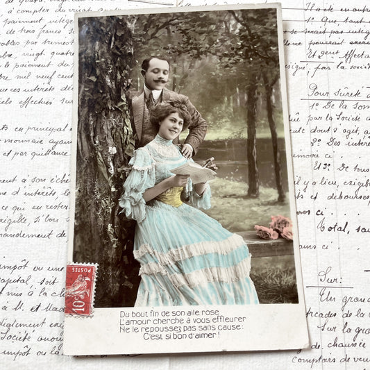 1900s - Antique French Hand-Colored Photo Postcard - Romantic Couple Love Poem - Belle Époque Portrait - Vintage Fashion Park Scene Ephemera