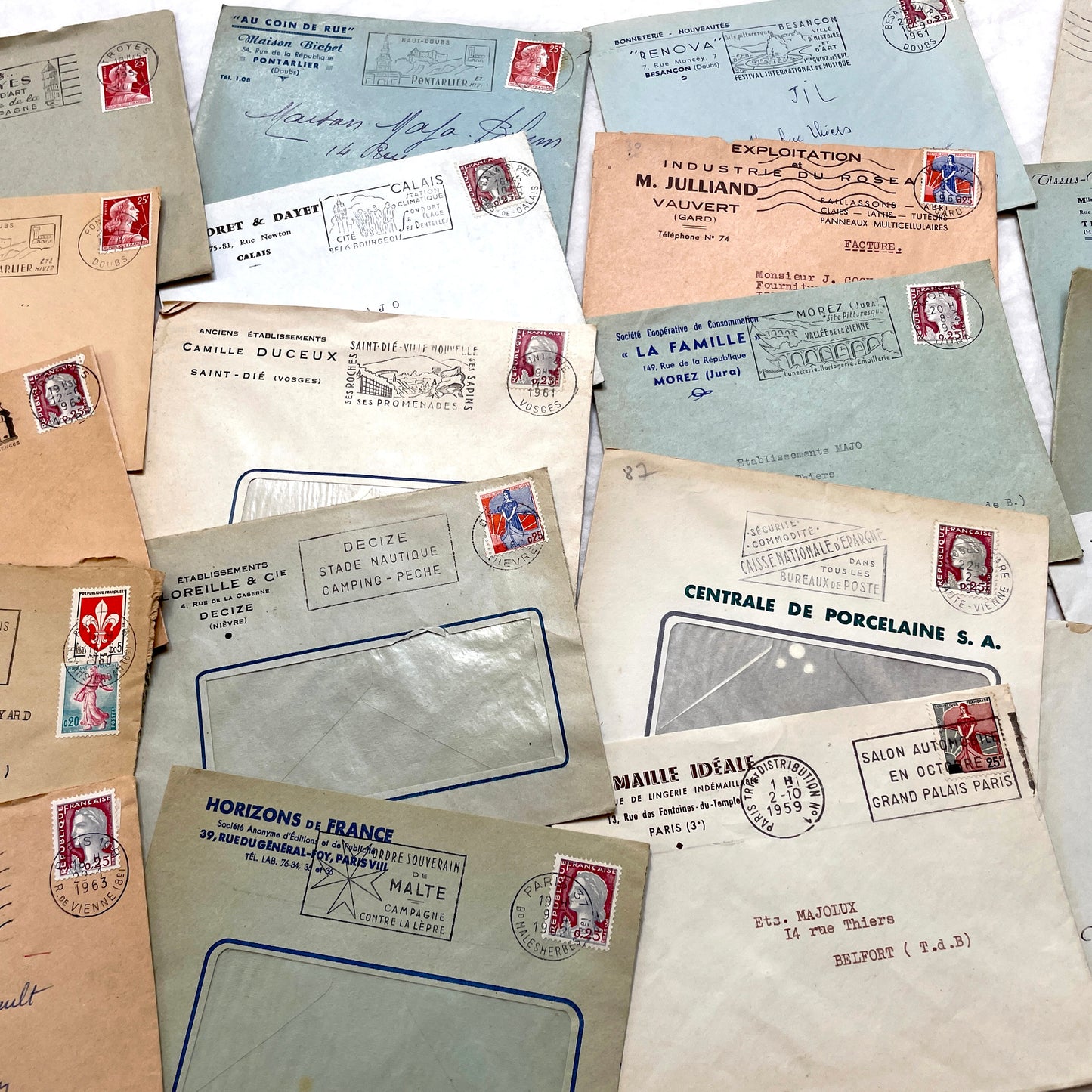 1960s French envelopes lot with vintage stamps and postmarks from various cities.
