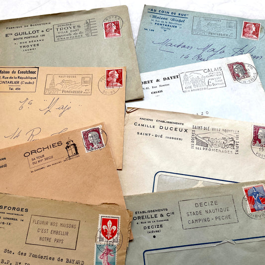 1960s French envelopes lot with vintage stamps and postmarks from various cities.