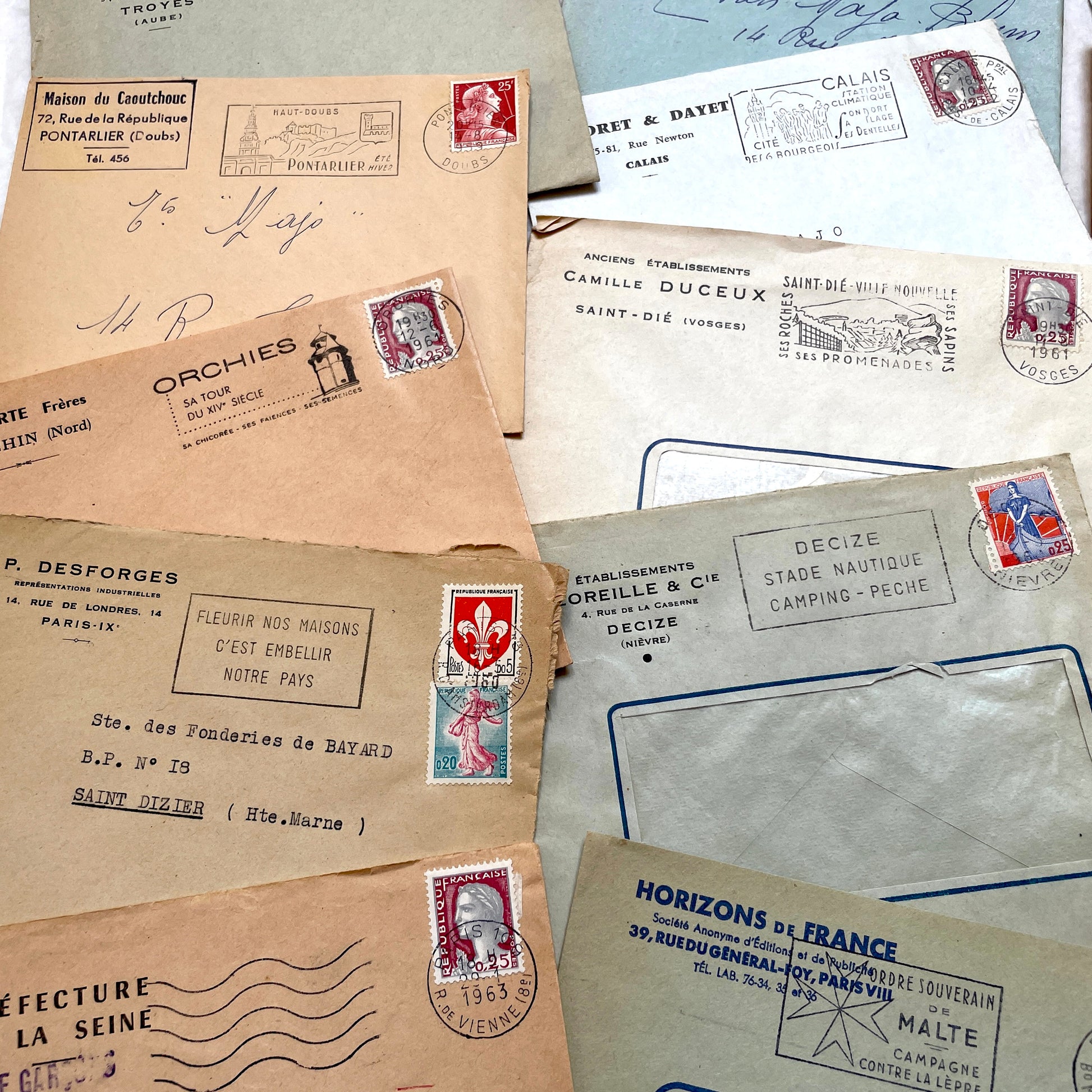 1960s French envelopes lot with vintage stamps and postmarks from various cities.