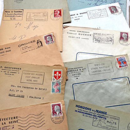 1960s French envelopes lot with vintage stamps and postmarks from various cities.