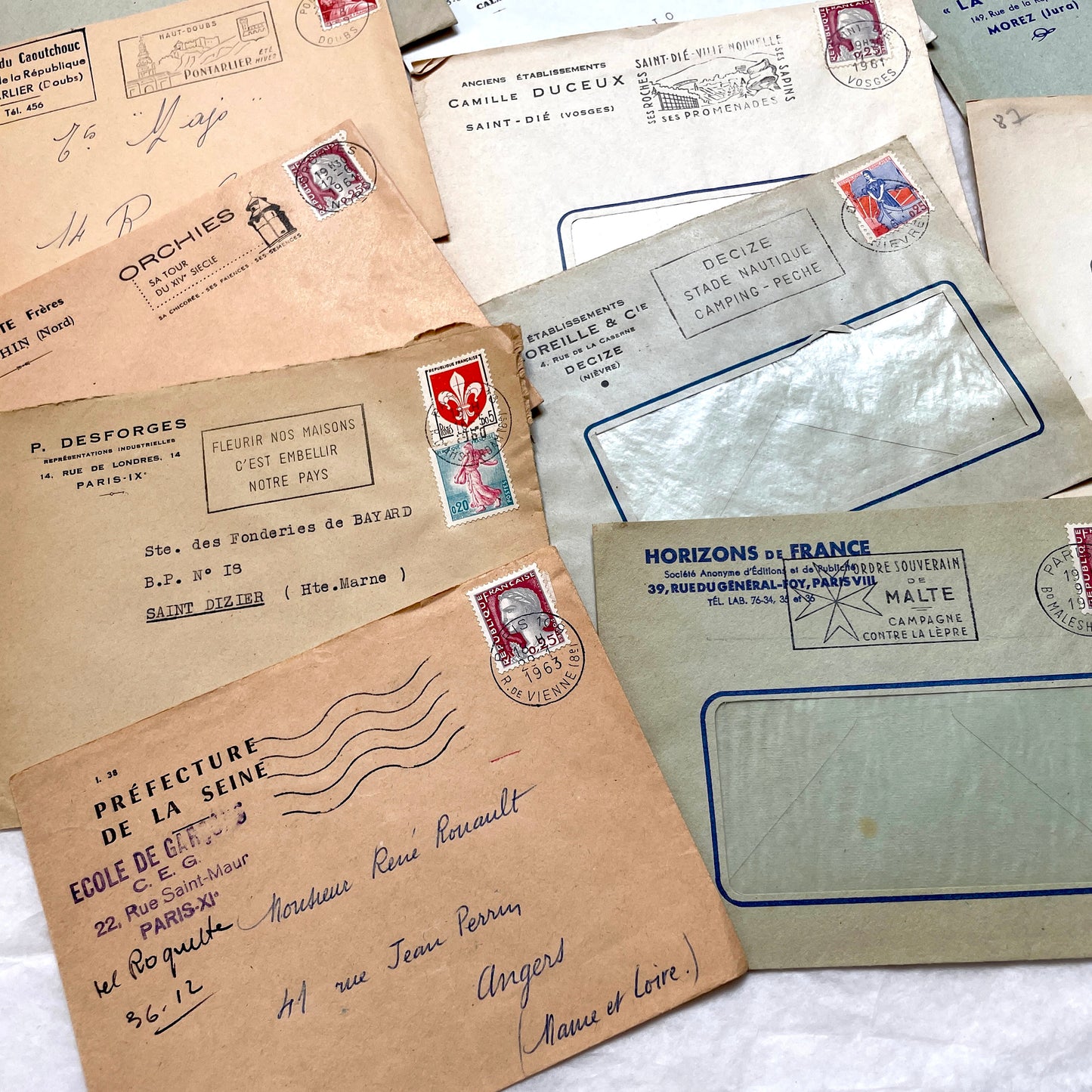 1960s French envelopes lot with vintage stamps and postmarks from various cities.