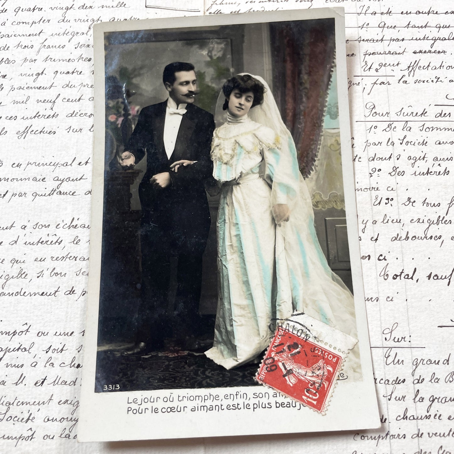 1910s - Vintage Wedding Postcard - Edwardian Couple Tinted Photograph - Historic French Bridal Image - Marriage  - Romantic Ephemera