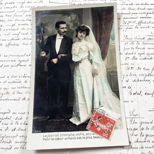 1910s - Vintage Wedding Postcard - Edwardian Couple Tinted Photograph - Historic French Bridal Image - Marriage  - Romantic Ephemera