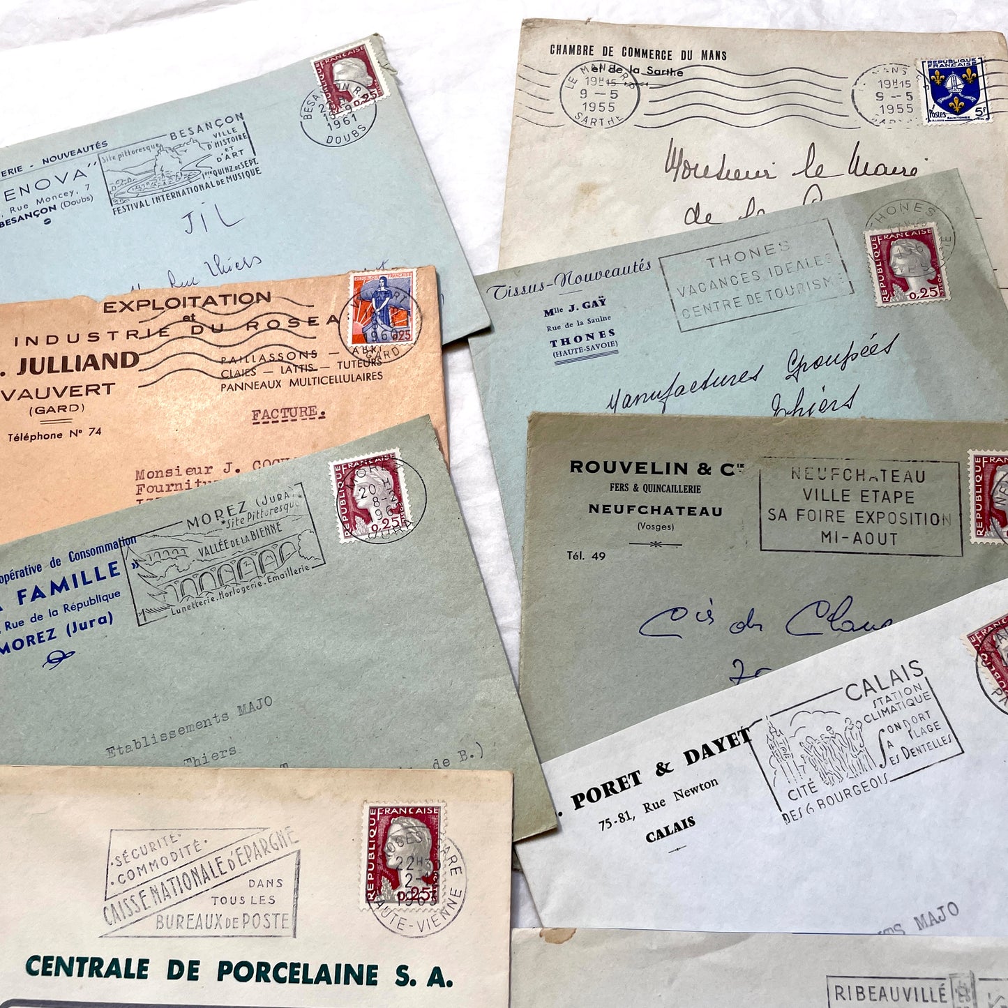 1960s French envelopes lot with vintage stamps and postmarks from various cities.