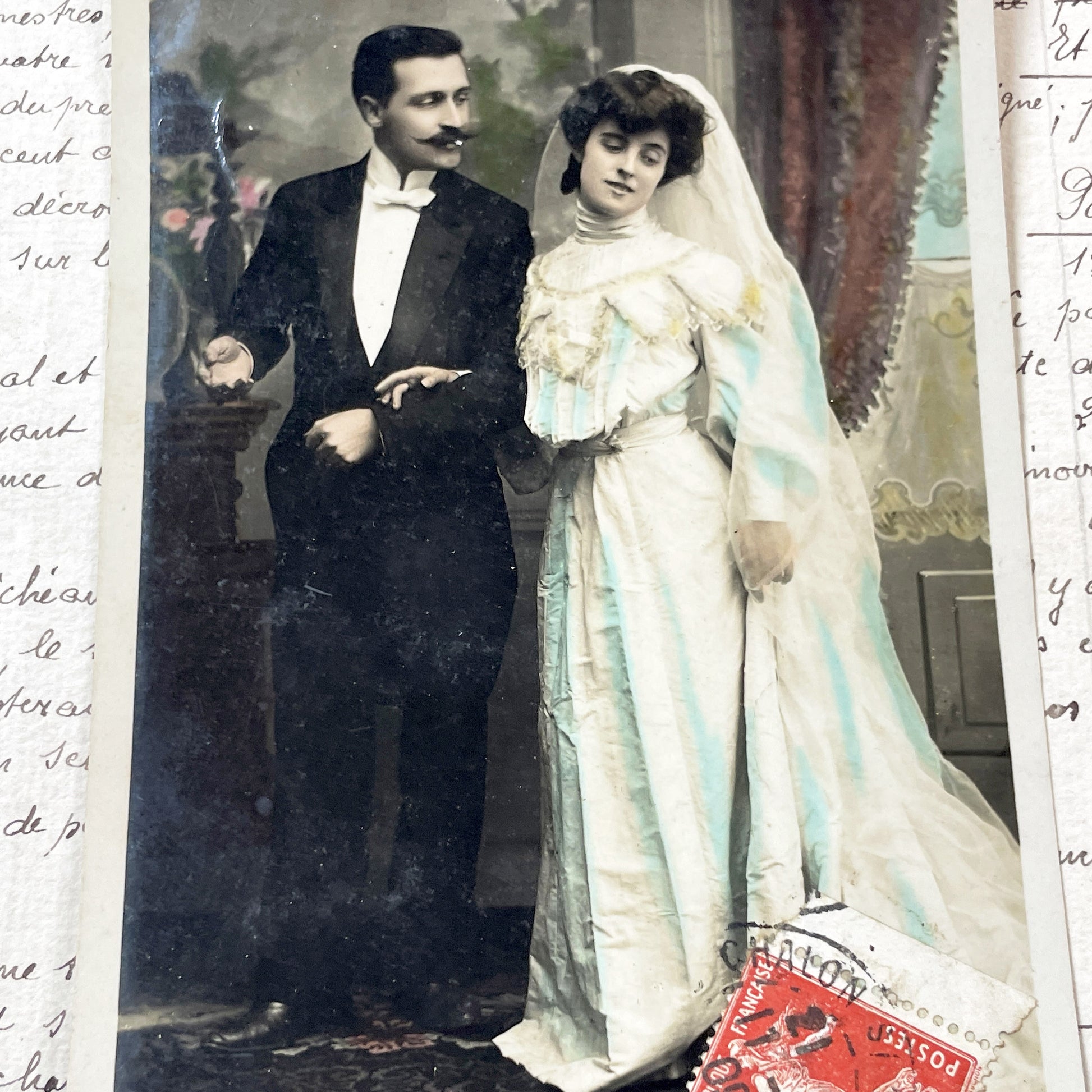 1910s - Vintage Wedding Postcard - Edwardian Couple Tinted Photograph - Historic French Bridal Image - Marriage  - Romantic Ephemera