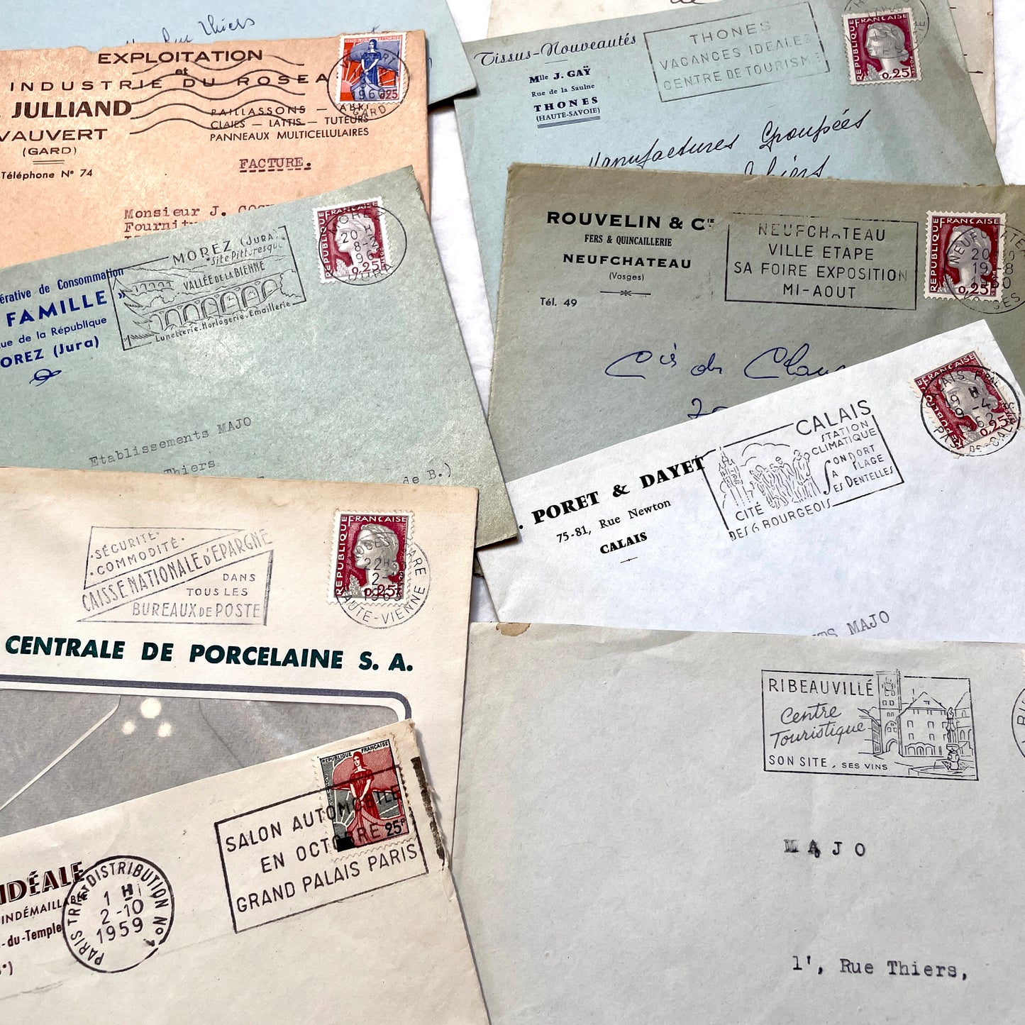 1960s French envelopes lot with vintage stamps and postmarks from various cities.