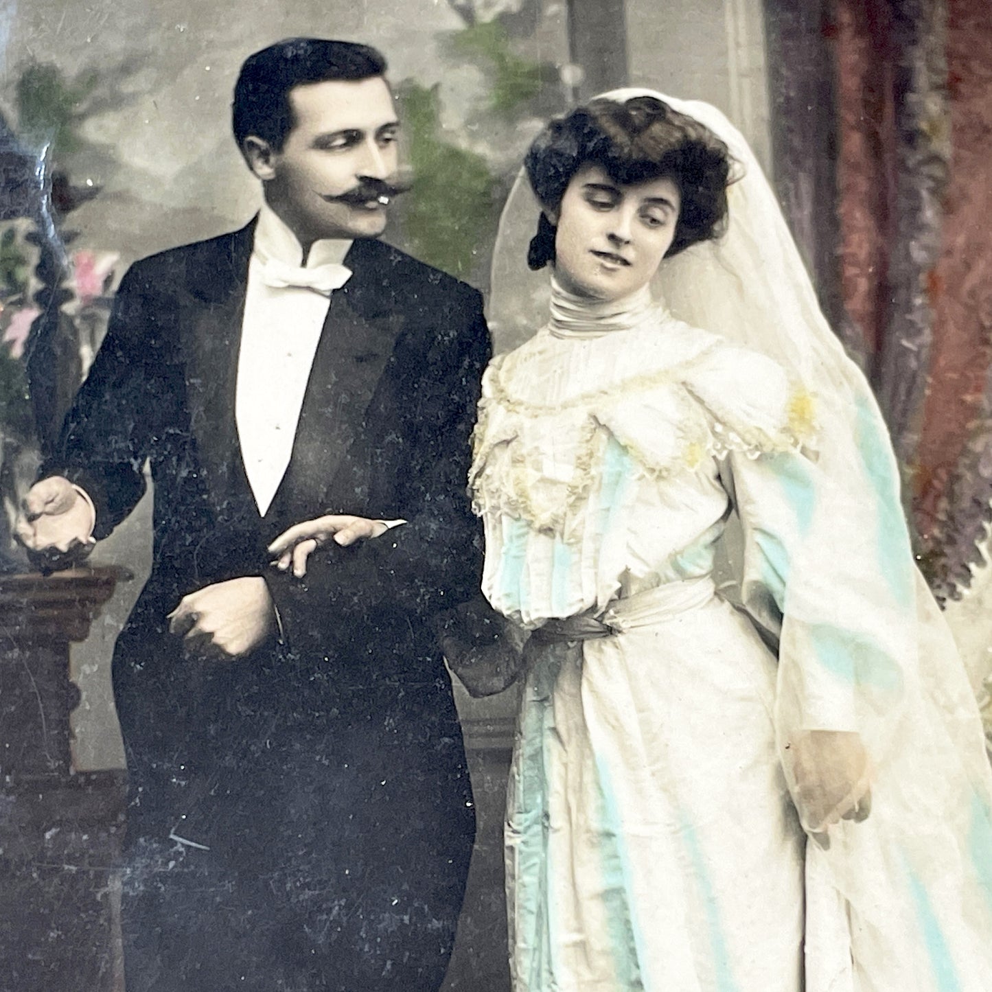 1910s - Vintage Wedding Postcard - Edwardian Couple Tinted Photograph - Historic French Bridal Image - Marriage  - Romantic Ephemera