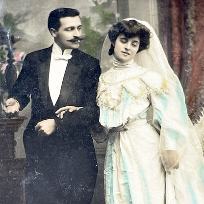 1910s - Vintage Wedding Postcard - Edwardian Couple Tinted Photograph - Historic French Bridal Image - Marriage  - Romantic Ephemera