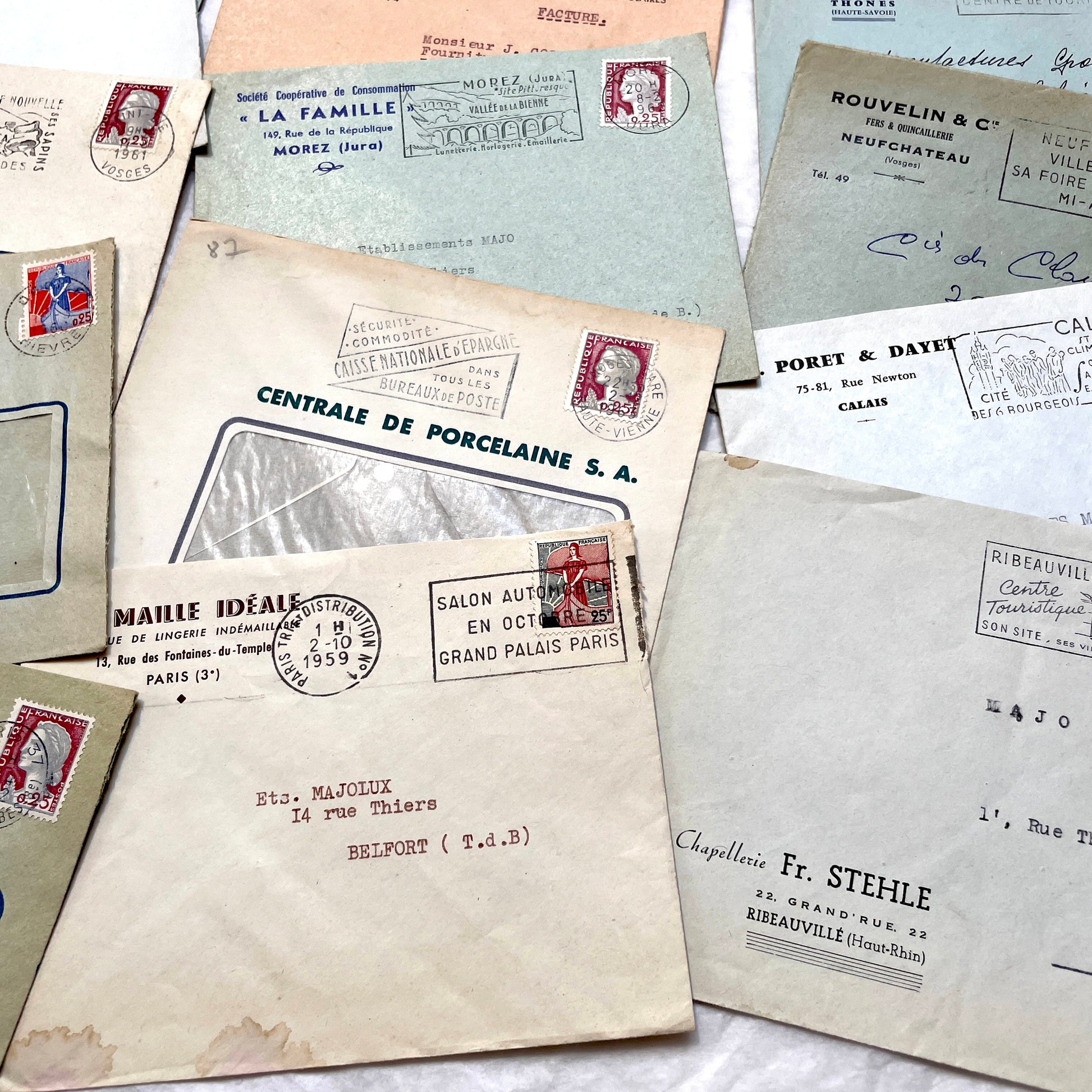 1960s French envelopes lot with vintage stamps and postmarks from various cities.