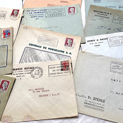 1960s French envelopes lot with vintage stamps and postmarks from various cities.