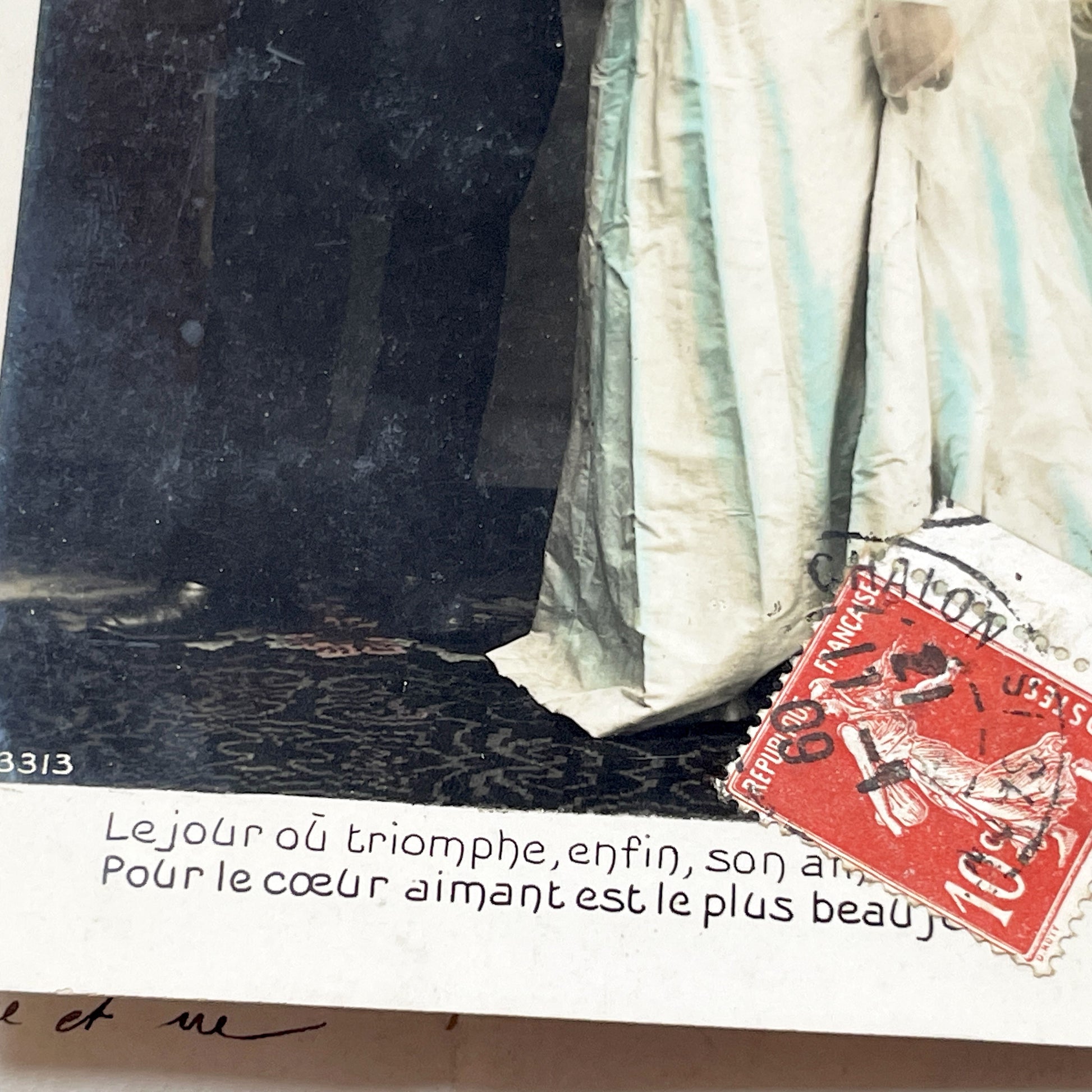1910s - Vintage Wedding Postcard - Edwardian Couple Tinted Photograph - Historic French Bridal Image - Marriage  - Romantic Ephemera