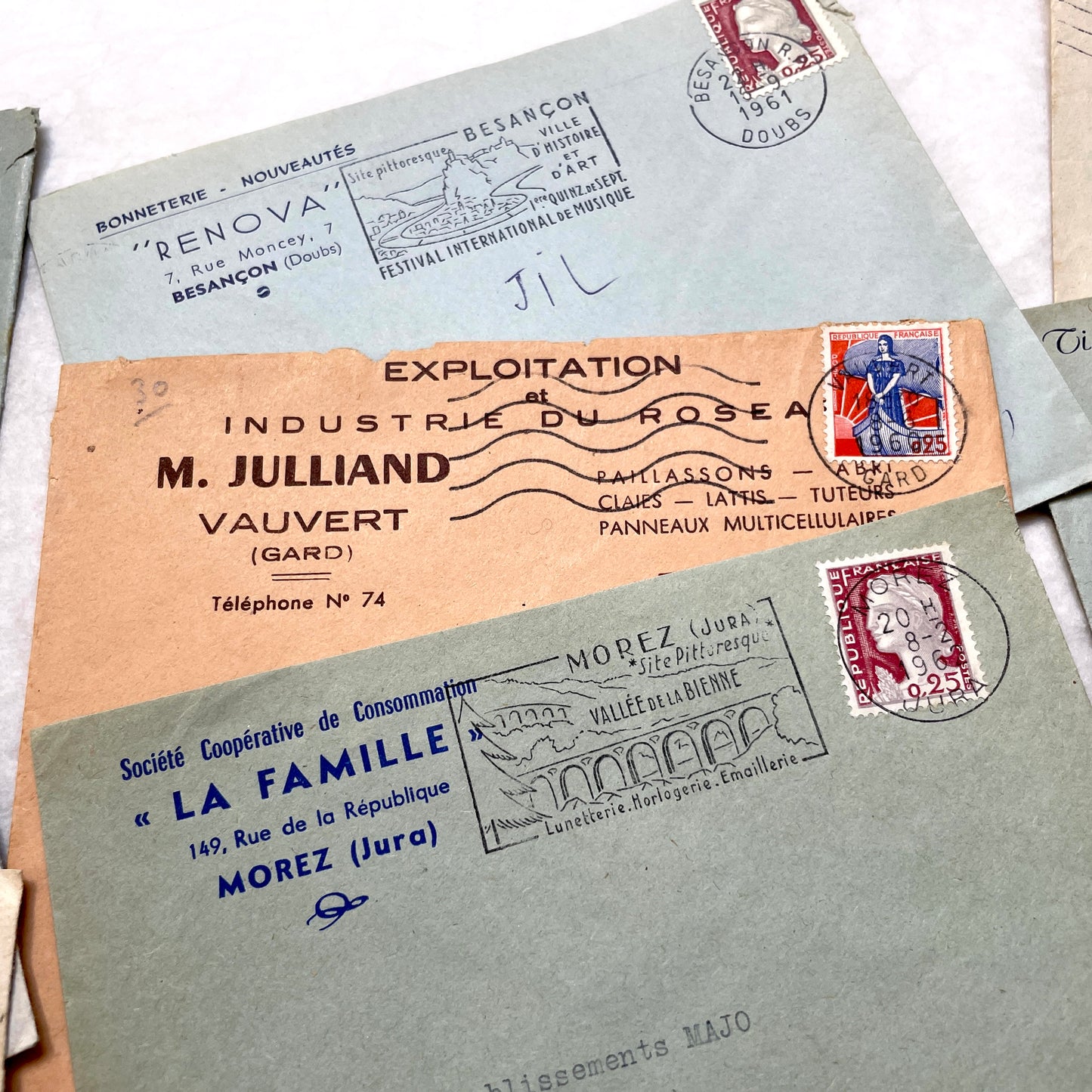 1960s French envelopes lot with vintage stamps and postmarks from various cities.