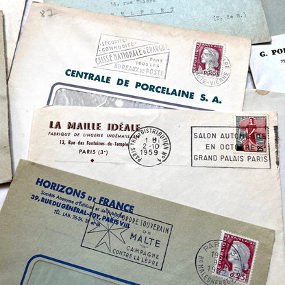 1960s French envelopes lot with vintage stamps and postmarks from various cities.