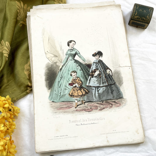 1850s - French Fashion Plate - Journal des Demoiselles - Original Hand-Colored Engraving - Victorian Crinoline Era - Paris Elegance