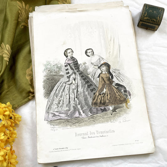 1850s - Original Hand-Colored Parisian Fashion Plate from Journal des Demoiselles - Victorian Era Ladies and Girls Attire - Engraved Print