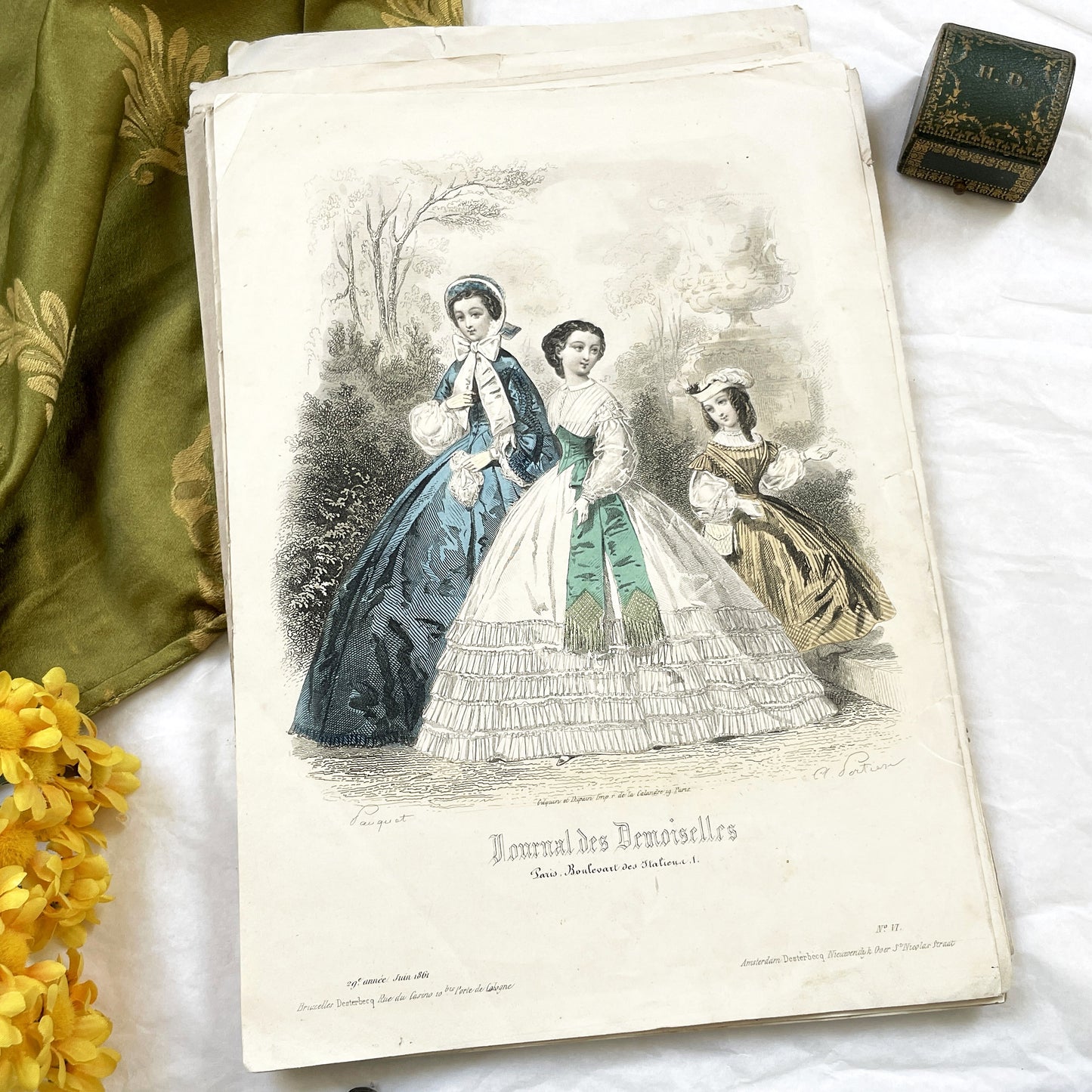 1860s - Original Antique French Fashion Plate - Journal des Demoiselles Print - Hand Colored Engraving of Elegant Women's Couture
