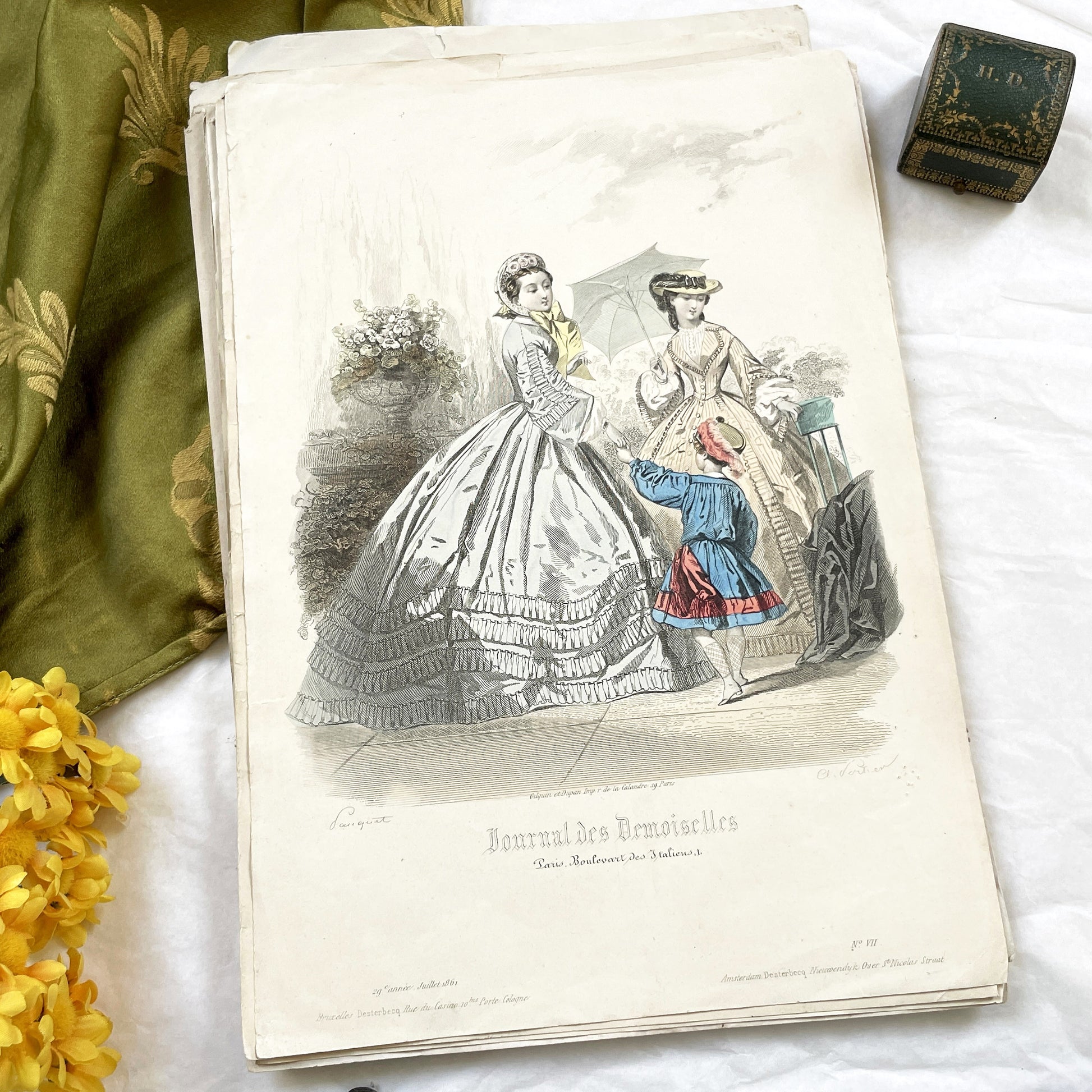 1860s - Exquisite Hand-Colored French Fashion Plate - Journal des Demoiselles - Victorian Era Women's Attire and Child - Paris Boutique Art
