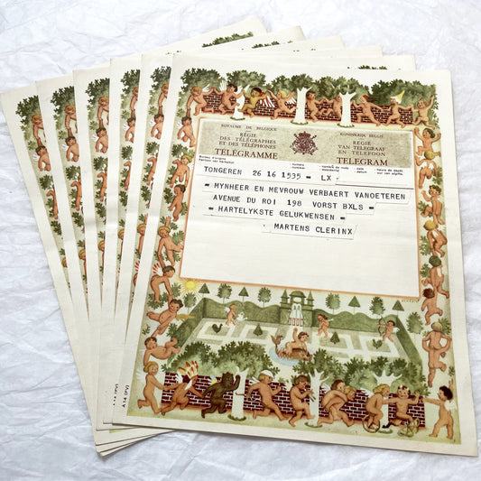 1950s - Ornate Belgian Telegram Form - Vintage Putti and Cherubs Garden Design - Historical Communication Memorabilia - Decorative Art Paper