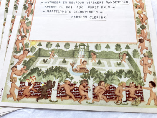 1950s - Ornate Belgian Telegram Form - Vintage Putti and Cherubs Garden Design - Historical Communication Memorabilia - Decorative Art Paper