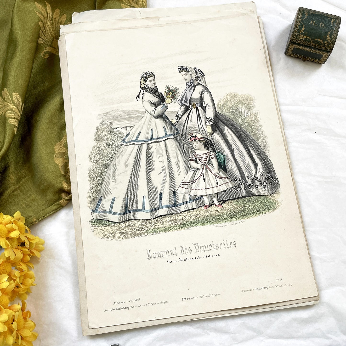 1860s - Antique French Fashion Plate - Journal des Demoiselles - Original 1865 Victorian Hand-Colored Crinoline Engraving Print