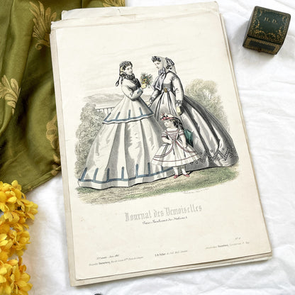 1860s - Antique French Fashion Plate - Journal des Demoiselles - Original 1865 Victorian Hand-Colored Crinoline Engraving Print