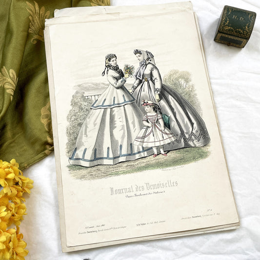 1860s - Antique French Fashion Plate - Journal des Demoiselles - Original 1865 Victorian Hand-Colored Crinoline Engraving Print