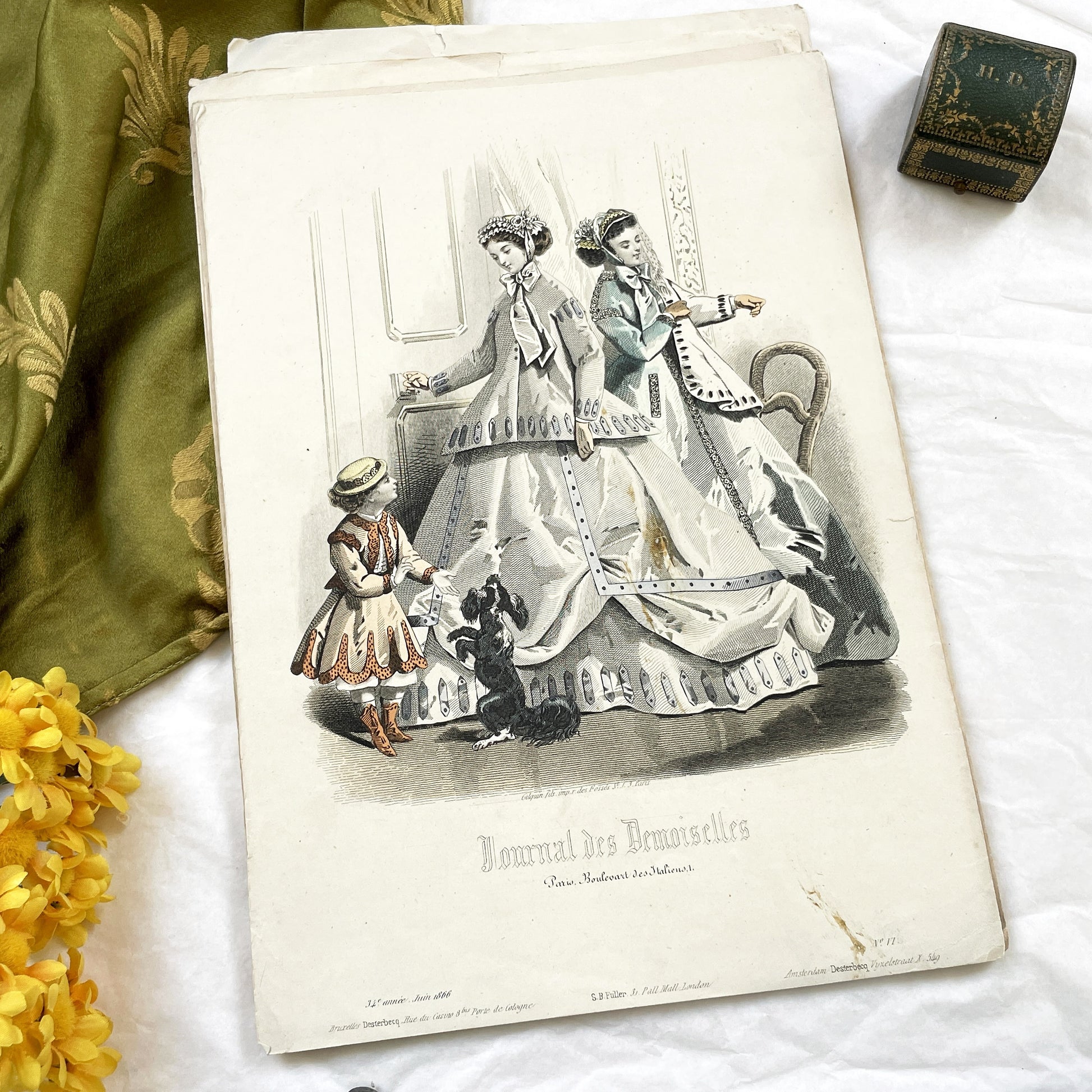 1860s - Exquisite Original French Fashion Plate - Journal des Demoiselles - Elegant Crinoline Gowns from Paris, June 1866