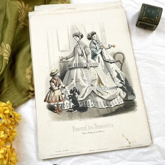1860s - Exquisite Original French Fashion Plate - Journal des Demoiselles - Elegant Crinoline Gowns from Paris, June 1866