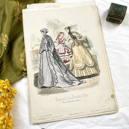 1860s - Original 1867 French Journal des Demoiselles Fashion Plate - Hand-Colored Antique Print - Victorian Era Style Illustration