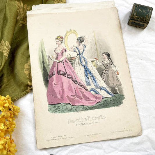1860s - Original Hand-Colored French Fashion Plate - Journal des Demoiselles - Elegant Victorian Era Women's Attire Print - February 1868