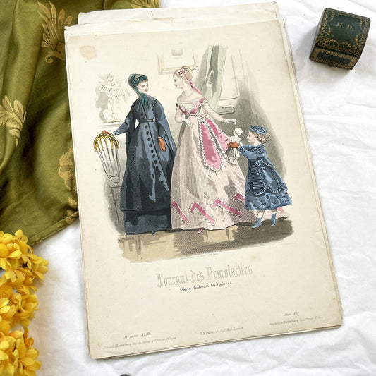 1860s - Antique French Hand-Colored Fashion Plate - Journal des Demoiselles - Victorian Dress Print - 1868 Paris Art
