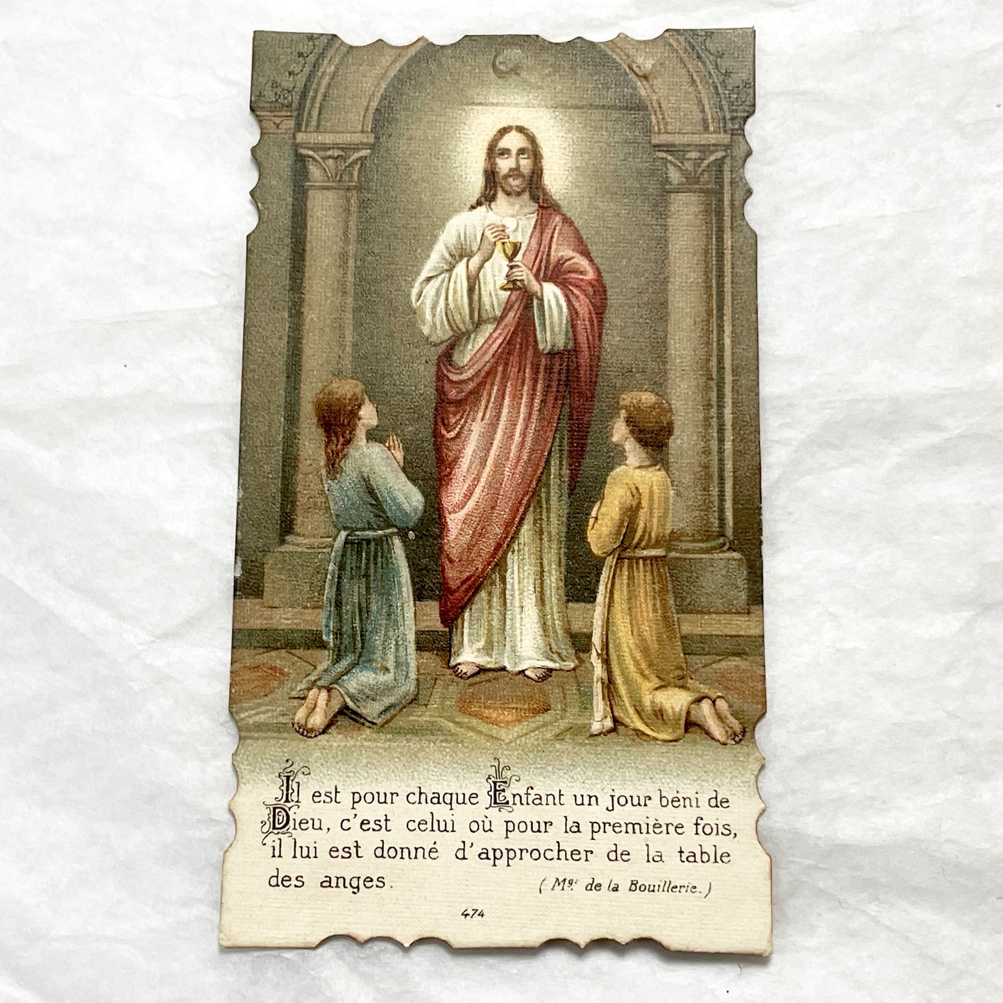 1900s - Antique French Religious Cards - First Communion - Jesus Christ and Children Kneeling - Devotional Sacrament Art Prints