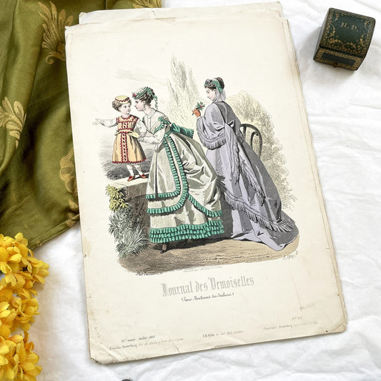 1860s - Original French Fashion Plate - Journal des Demoiselles - Victorian Era Hand-Colored Costume Print - Parisian Retailers