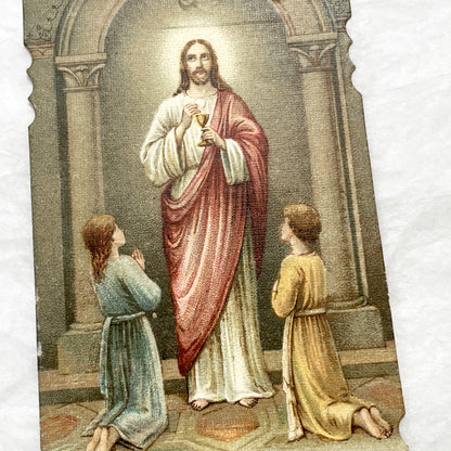 1900s - Antique French Religious Cards - First Communion - Jesus Christ and Children Kneeling - Devotional Sacrament Art Prints
