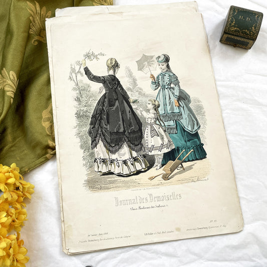 1860s - Original Antique French Fashion Plate from Journal des Demoiselles - Elegant 1868 Victorian Costume Engraving - Parisian Boutique