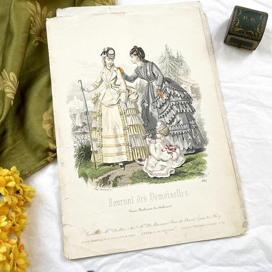 1870s - Original Antique French Fashion Plate - Journal des Demoiselles - Hand Colored Engraving - Victorian Dress - Paris Boutiques
