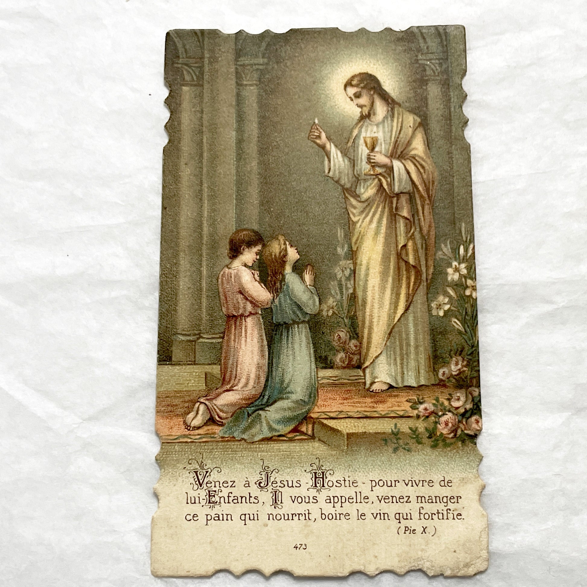 1900s - Antique French Religious Cards - First Communion - Jesus Christ and Children Kneeling - Devotional Sacrament Art Prints