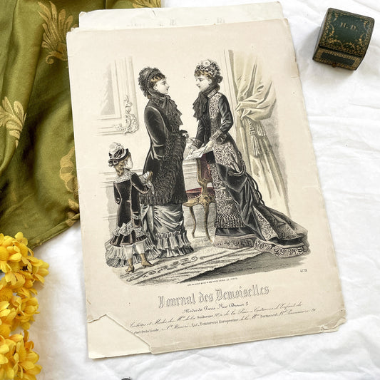 1880s - Exquisite Journal des Demoiselles Fashion Plate - Antique French Engraving - Victorian Women and Child Period Costume Illustration