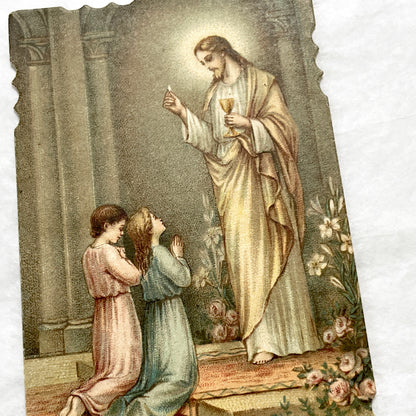 1900s - Antique French Religious Cards - First Communion - Jesus Christ and Children Kneeling - Devotional Sacrament Art Prints