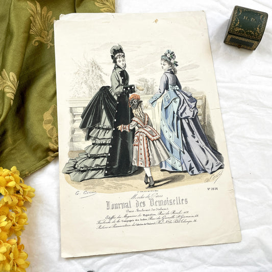 1880s - Original French Fashion Print - "Journal des Demoiselles" - Parisian Elegant Women and Girl Attire - Historic Costume