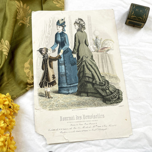 1880s - Rare Journal des Demoiselles Fashion Print - Victorian French Style Plate with Bustle Dresses & Child - Paris Art